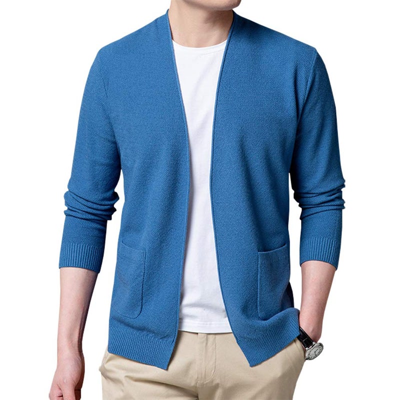 Womleys Mens Casual Open Front Long Sleeve Cotton Cardigan Sweater (Blue, Medium) - Image 1